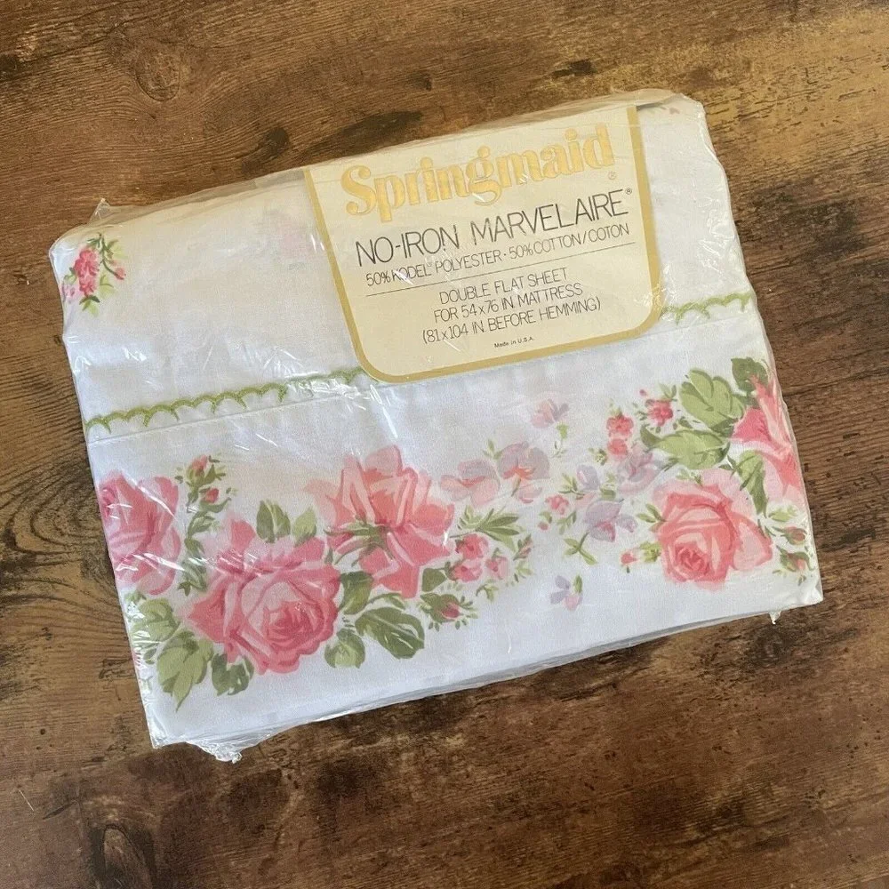 Vintage Springmaid No Iron Muslin Marvelaire Double Flat Sheet Prelude Floral